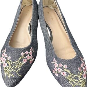 attention Gray Embroidered Floral Pointed-Toe Flats with Pink Flowers